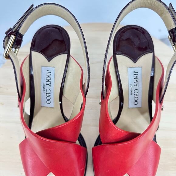 JIMMY CHOO Platform Sandal AIX 125 Red Leather Wood Heels Gold Patent Size 40 - Picture 7 of 12